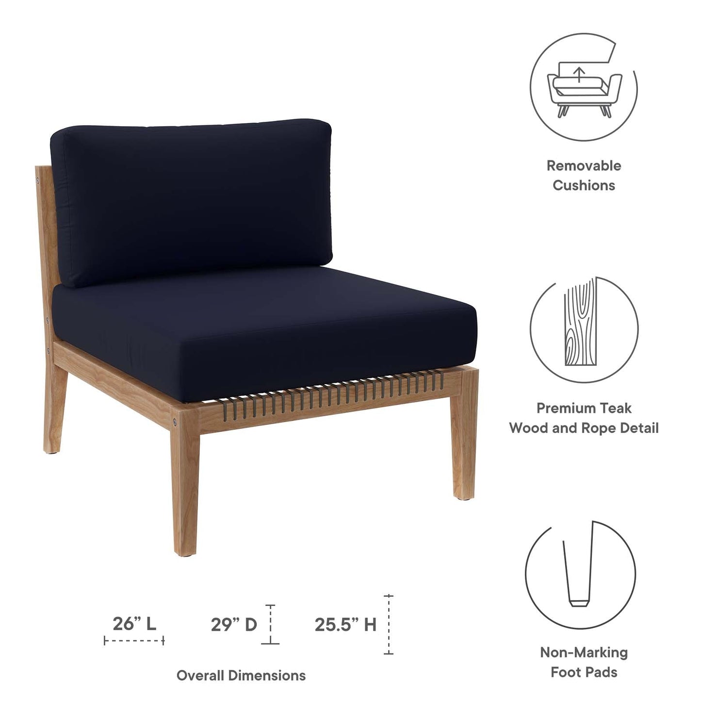 Clearwater Outdoor Patio Teak Wood Armless Chair Gray Navy EEI-5856-GRY-NAV