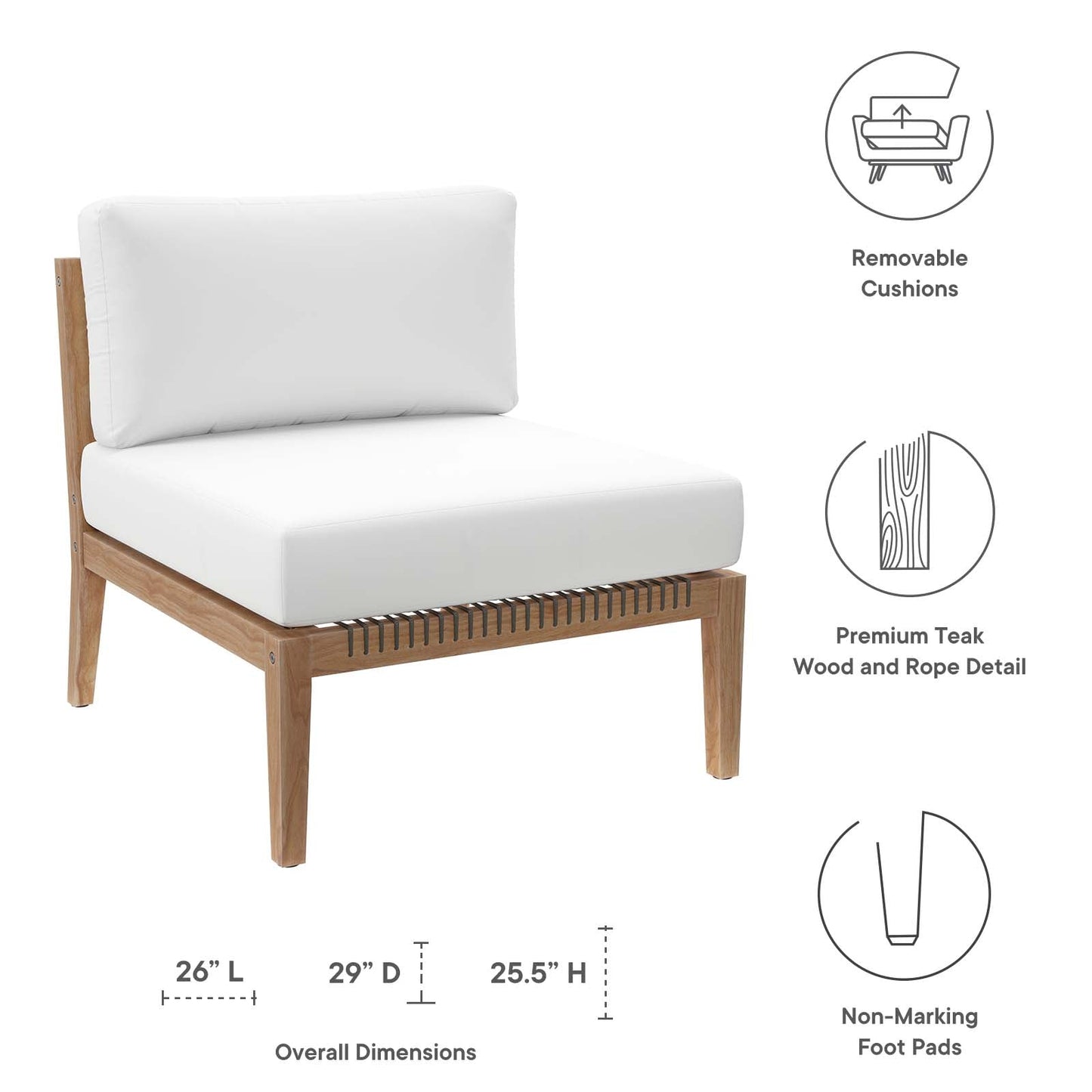 Clearwater Outdoor Patio Teak Wood Armless Chair Gray White EEI-5856-GRY-WHI