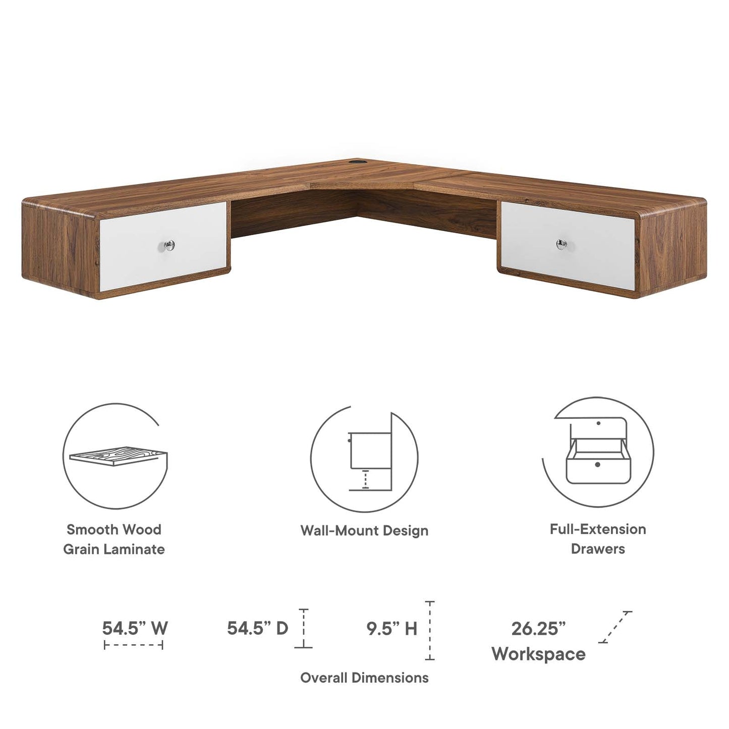 Transmit 55" Wall Mount Corner Wood Office Desk Walnut White EEI-5863-WAL-WHI