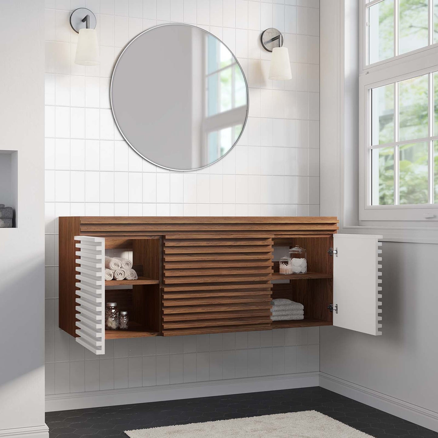 Render 48" Single Sink Compatible (Not Included) Bathroom Vanity Cabinet White Walnut EEI-5866-WHI-WAL