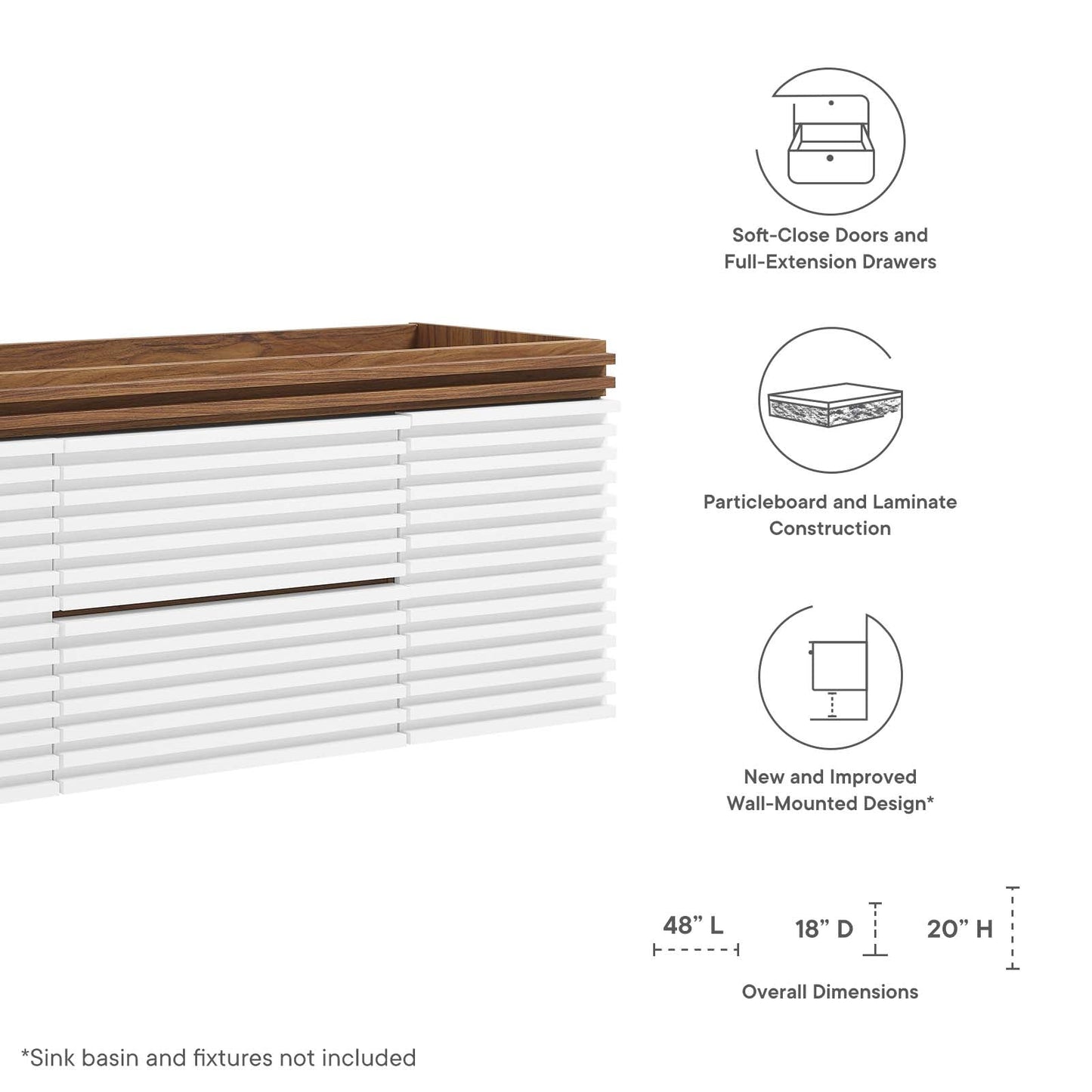 Render 48" Single Sink Compatible (Not Included) Bathroom Vanity Cabinet White Walnut EEI-5866-WHI-WAL