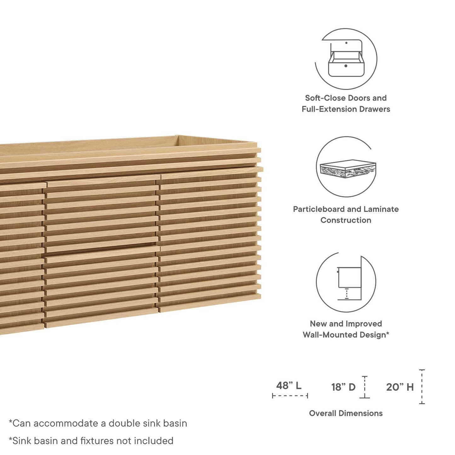 Render 48" Double Sink Compatible (Not Included) Bathroom Vanity Cabinet Oak EEI-5867-OAK