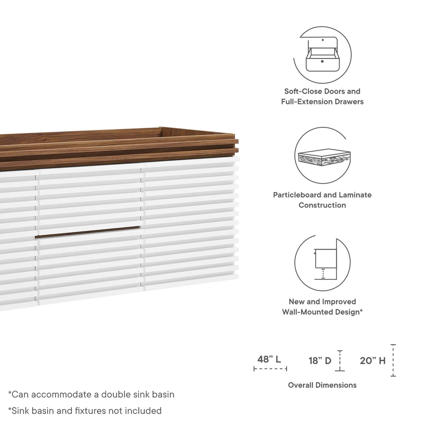 Render 48" Double Sink Compatible (Not Included) Bathroom Vanity Cabinet White Walnut EEI-5867-WHI-WAL