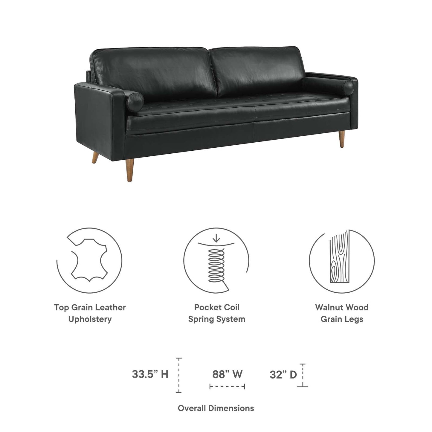 Valour 88" Leather Sofa Black EEI-5871-BLK