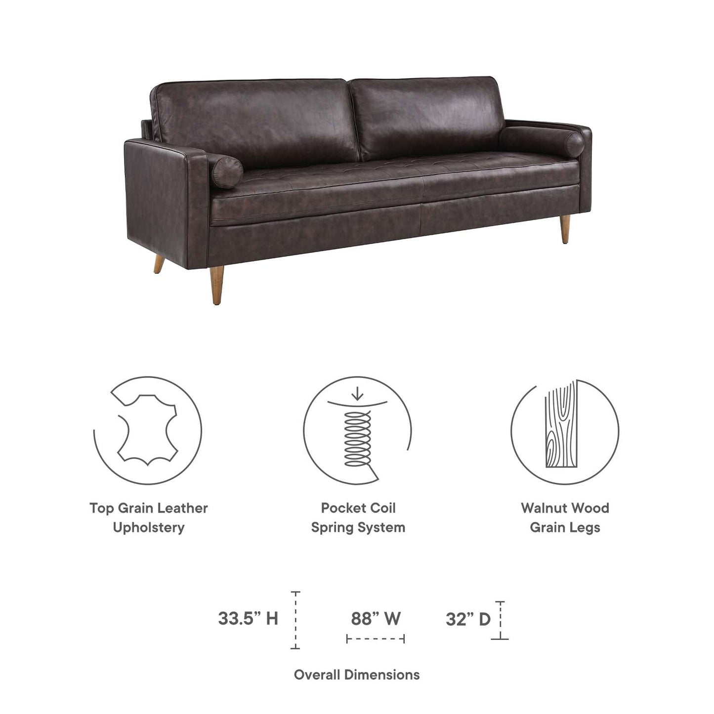 Valour 88" Leather Sofa Brown EEI-5871-BRN