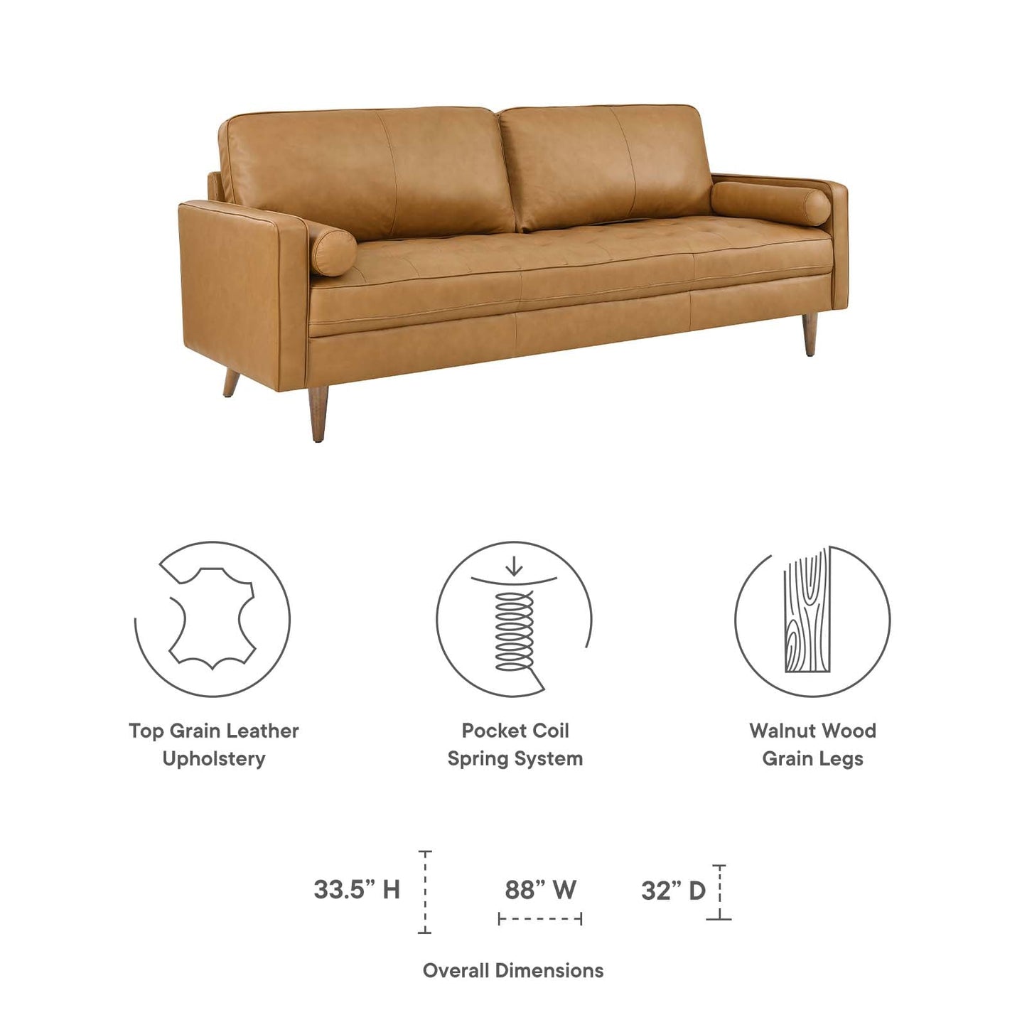 Valour 88" Leather Sofa Tan EEI-5871-TAN