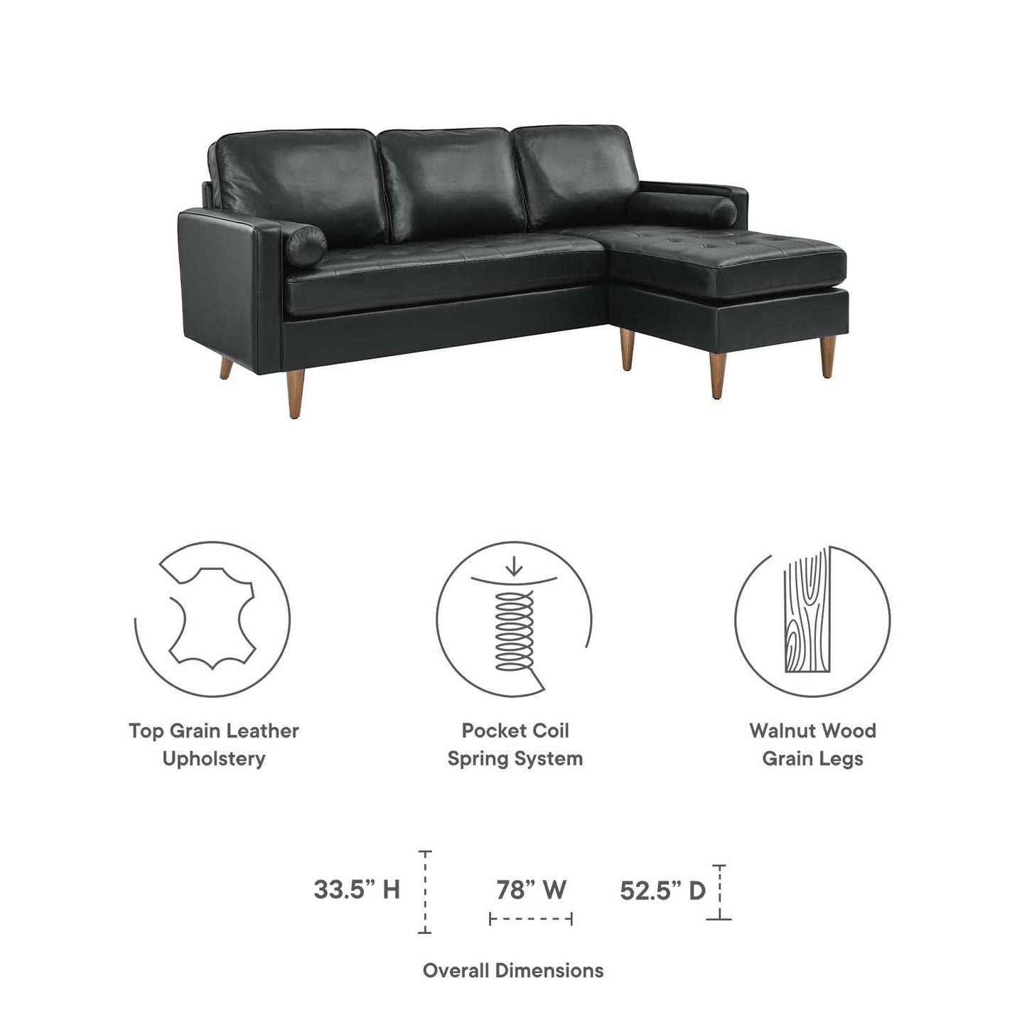 Valour 78" Leather Apartment Sectional Sofa Black EEI-5872-BLK