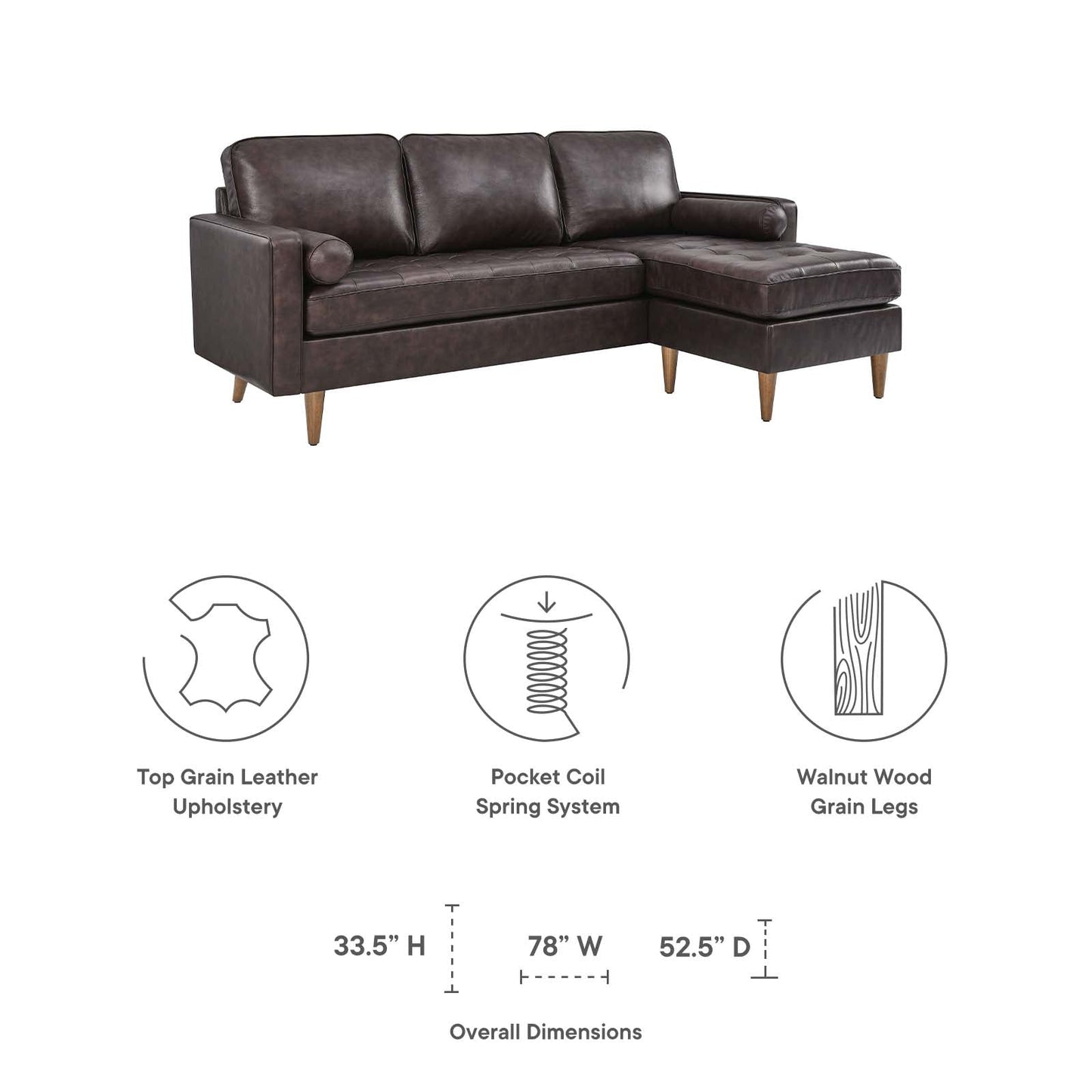 Valour 78" Leather Apartment Sectional Sofa Brown EEI-5872-BRN