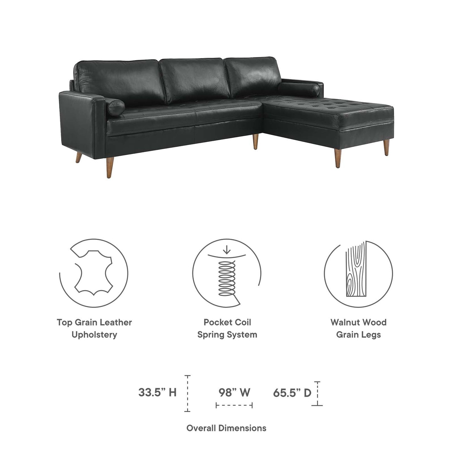 Valour 98" Leather Sectional Sofa Black EEI-5873-BLK