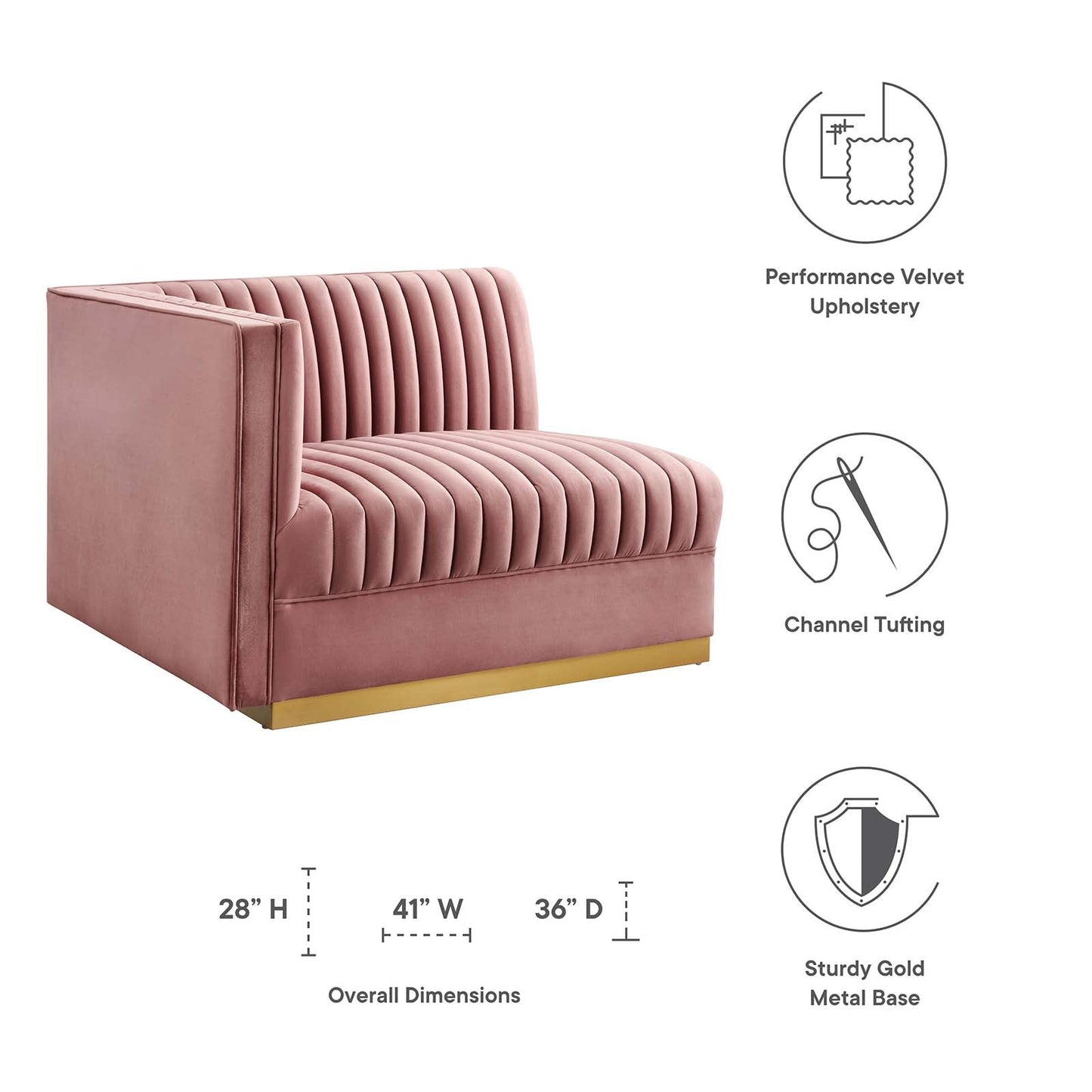 Sanguine Channel Tufted Performance Velvet Modular Sectional Sofa Left-Arm Chair Dusty Rose EEI-6031-DUS