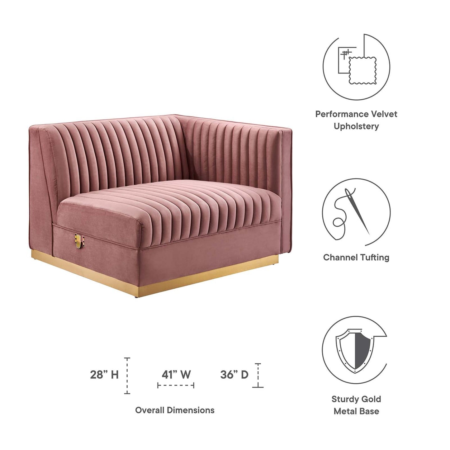 Sanguine Channel Tufted Performance Velvet Modular Sectional Sofa Right-Arm Chair Dusty Rose EEI-6032-DUS