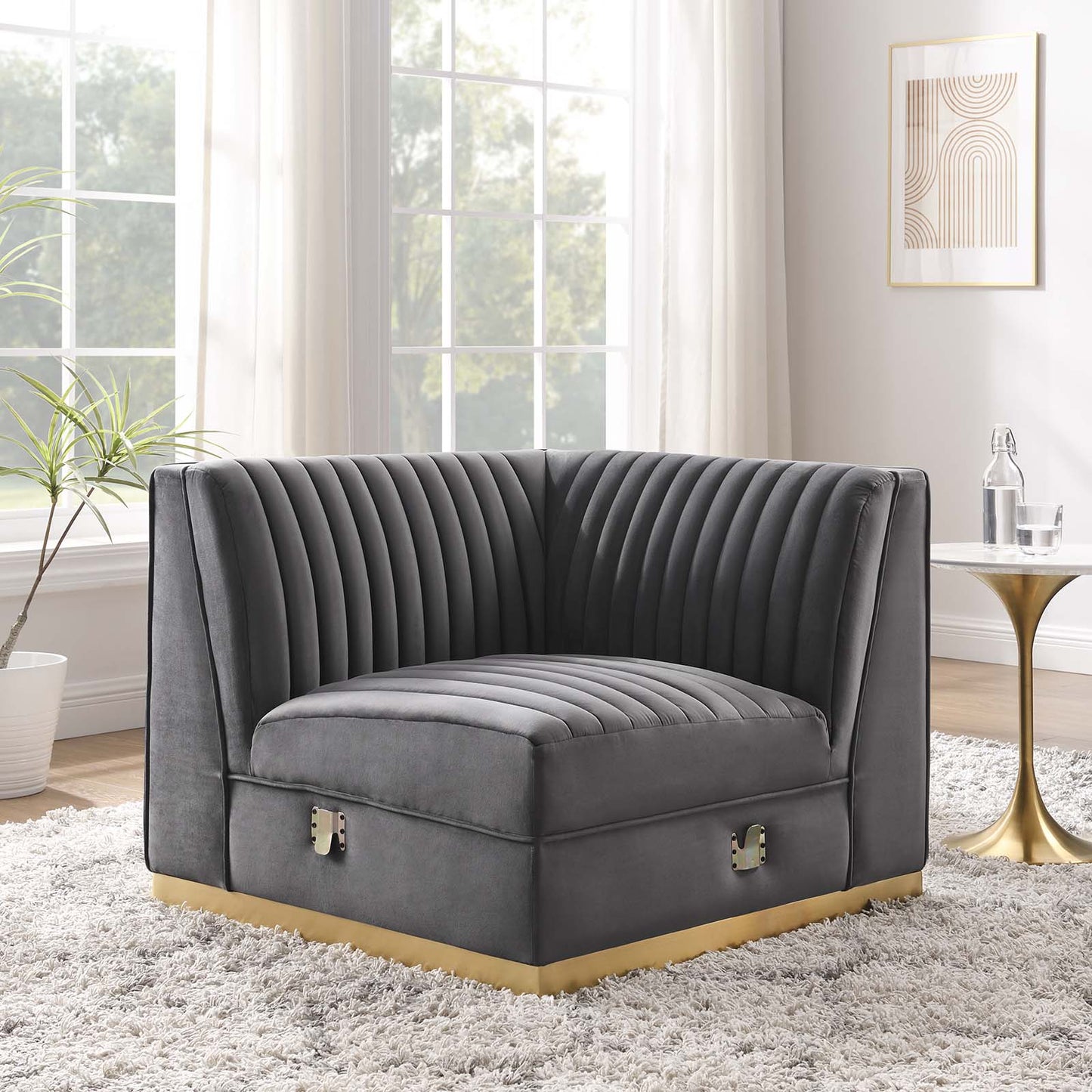 Sanguine Channel Tufted Performance Velvet Modular Sectional Sofa Right Corner Chair Gray EEI-6035-GRY