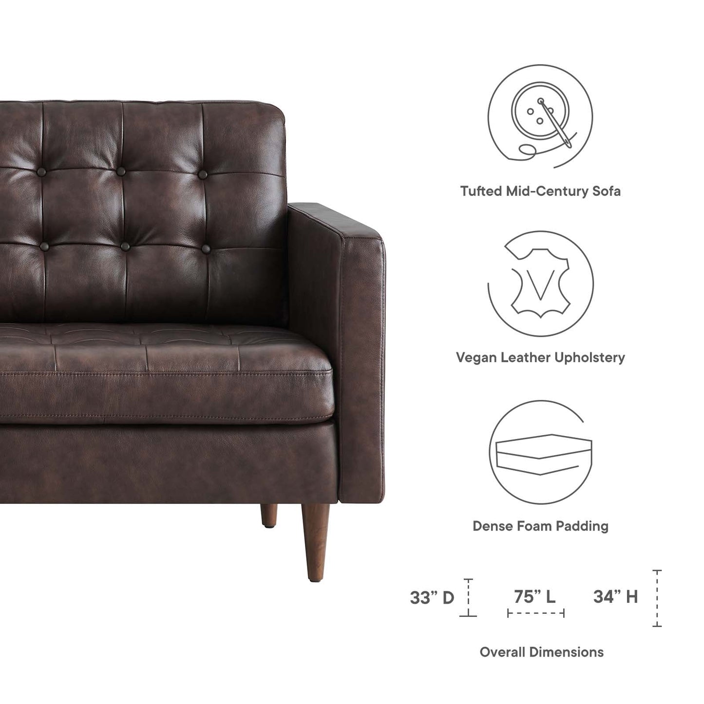 Exalt Tufted Vegan Leather Sofa Brown EEI-6099-BRN