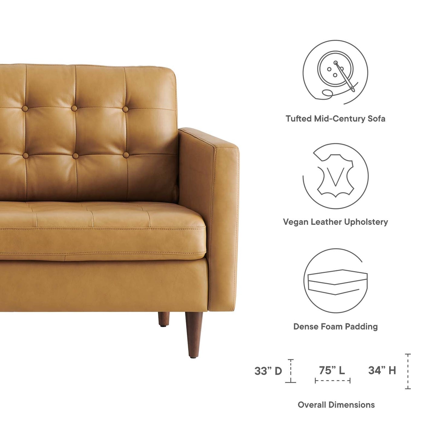 Exalt Tufted Vegan Leather Sofa Tan EEI-6099-TAN