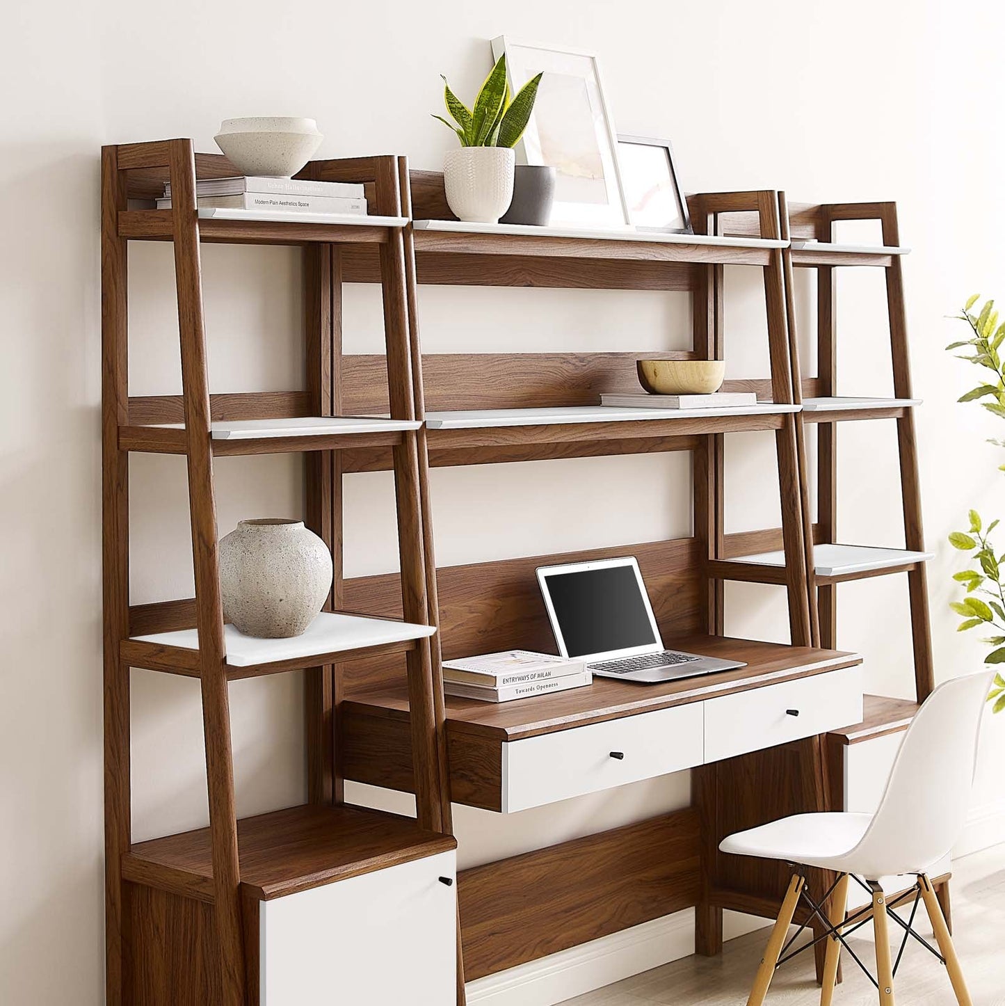 Bixby 3-Piece Wood Office Desk and Bookshelf Walnut White EEI-6114-WAL-WHI