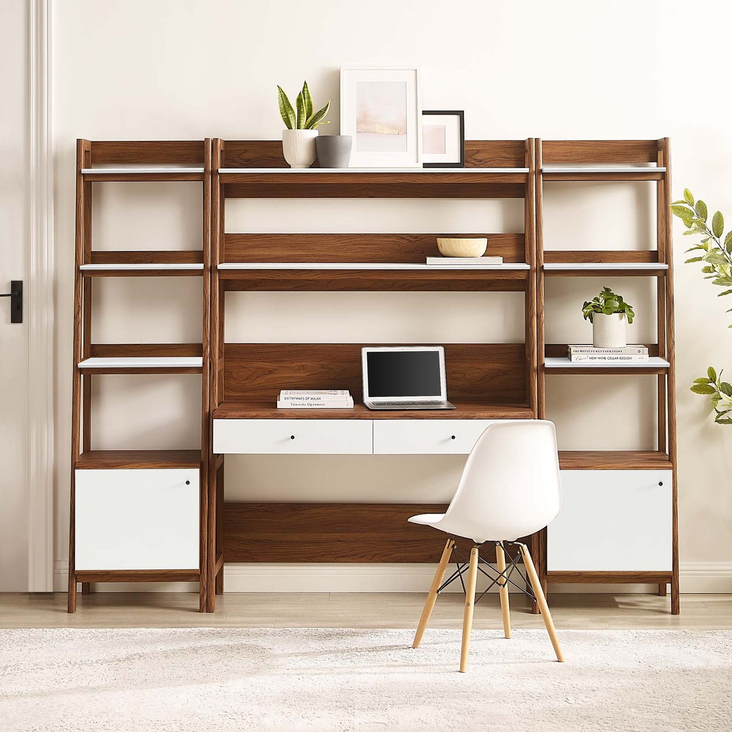 Bixby 3-Piece Wood Office Desk and Bookshelf Walnut White EEI-6114-WAL-WHI