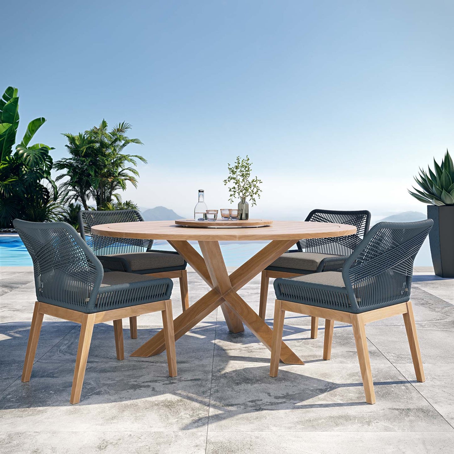 Wellspring 5-Piece Outdoor Patio Teak Wood Dining Set Blue Graphite EEI-6118-BLU-GPH