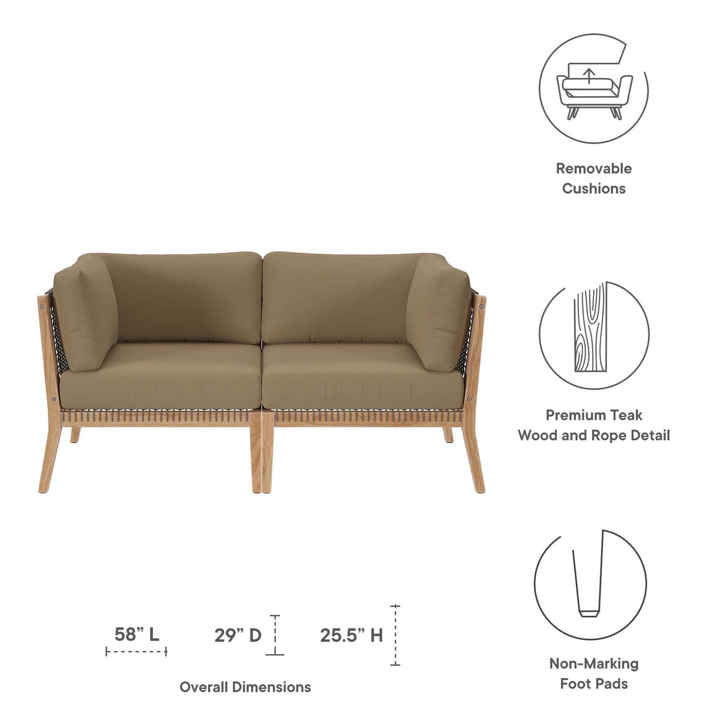 Clearwater Outdoor Patio Teak Wood Loveseat Gray Light Brown EEI-6119-GRY-LBR