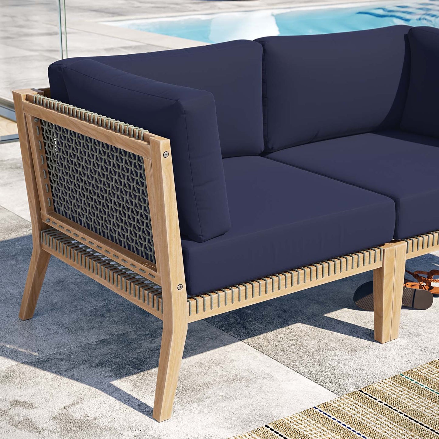 Clearwater Outdoor Patio Teak Wood Loveseat Gray Navy EEI-6119-GRY-NAV