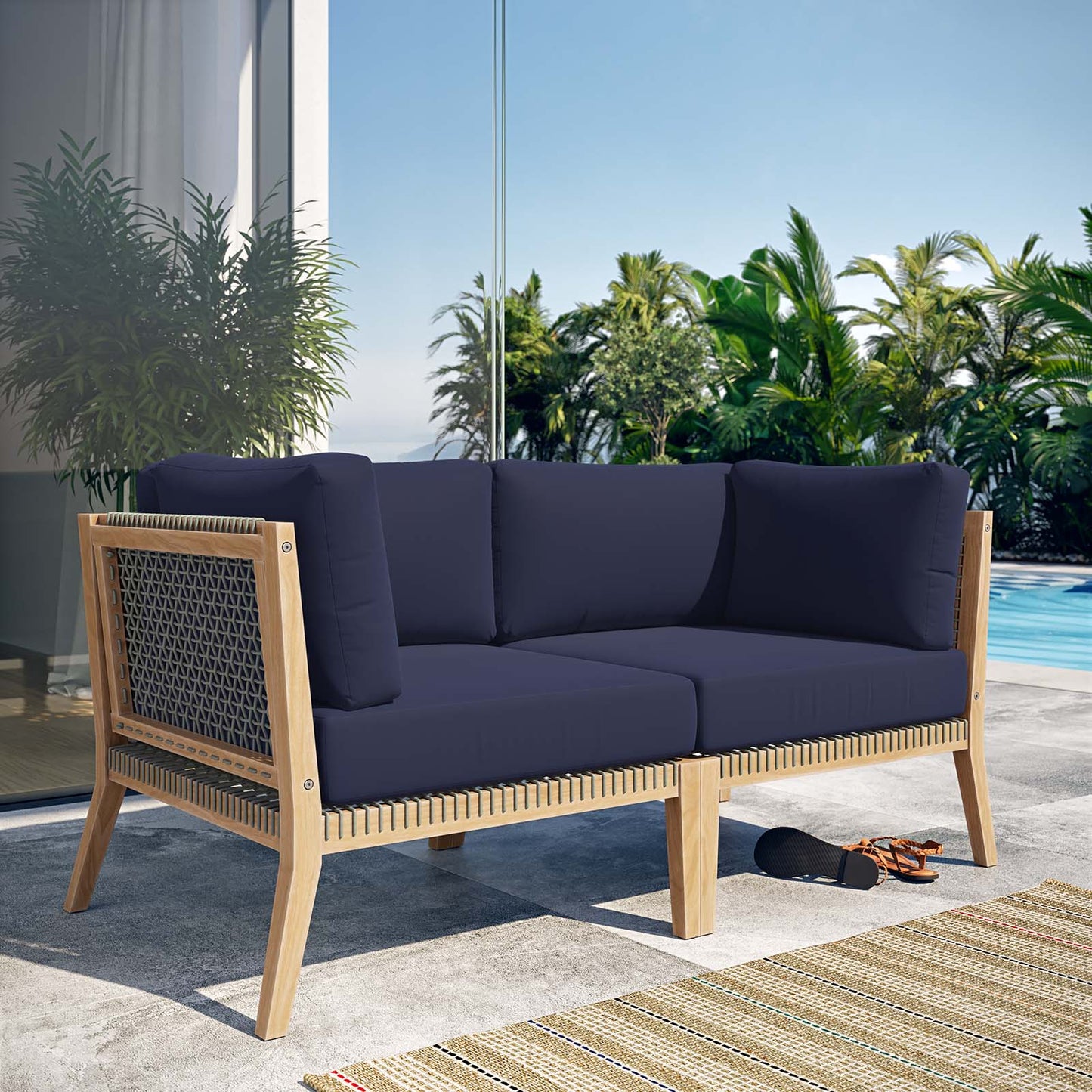 Clearwater Outdoor Patio Teak Wood Loveseat Gray Navy EEI-6119-GRY-NAV