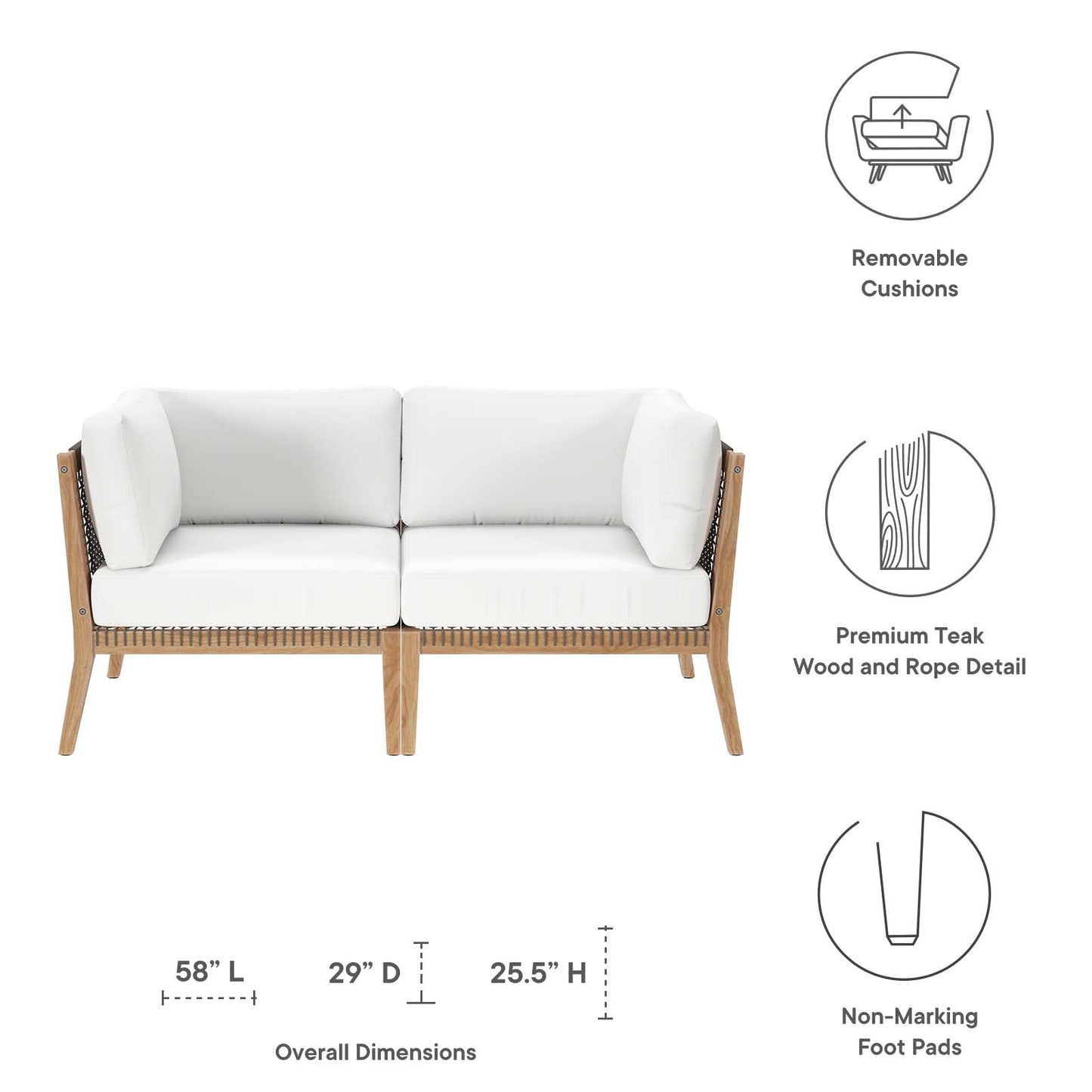 Clearwater Outdoor Patio Teak Wood Loveseat Gray White EEI-6119-GRY-WHI