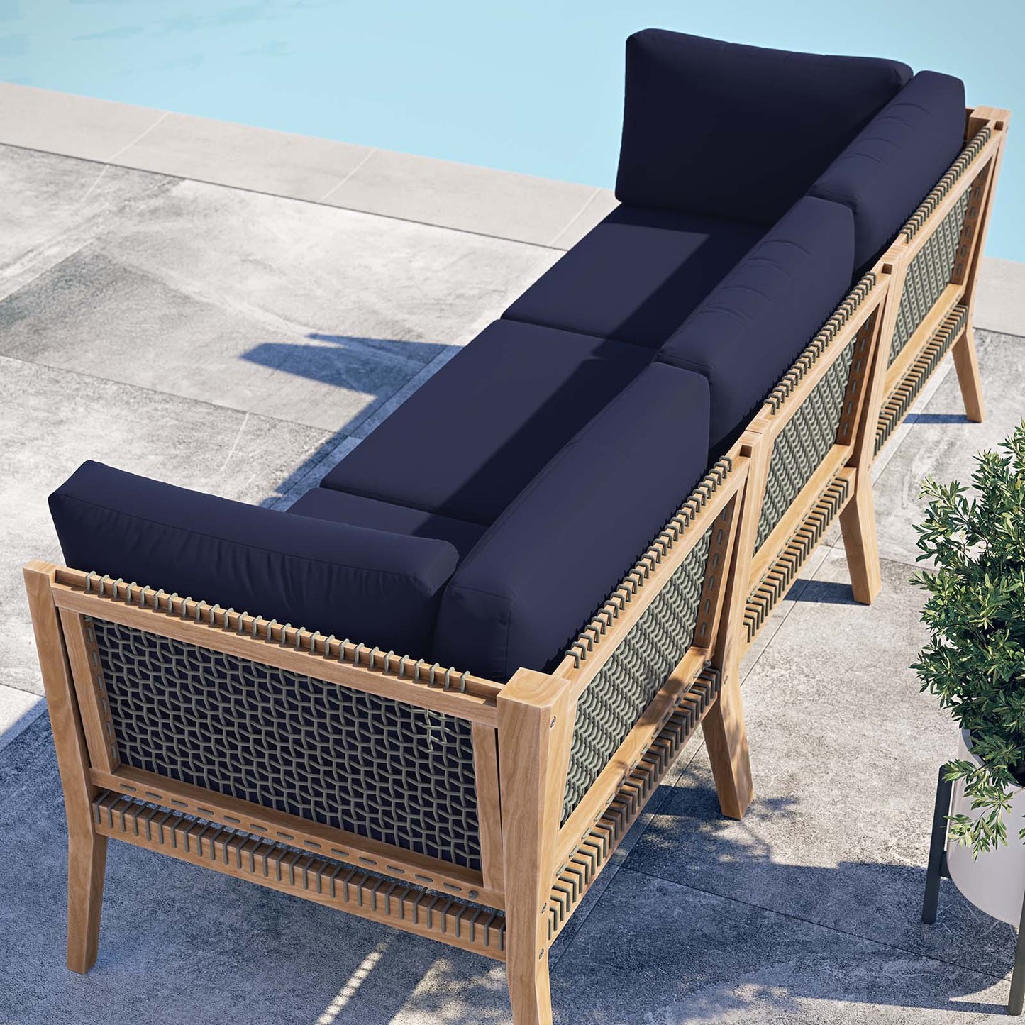 Clearwater Outdoor Patio Teak Wood Sofa Gray Navy EEI-6120-GRY-NAV