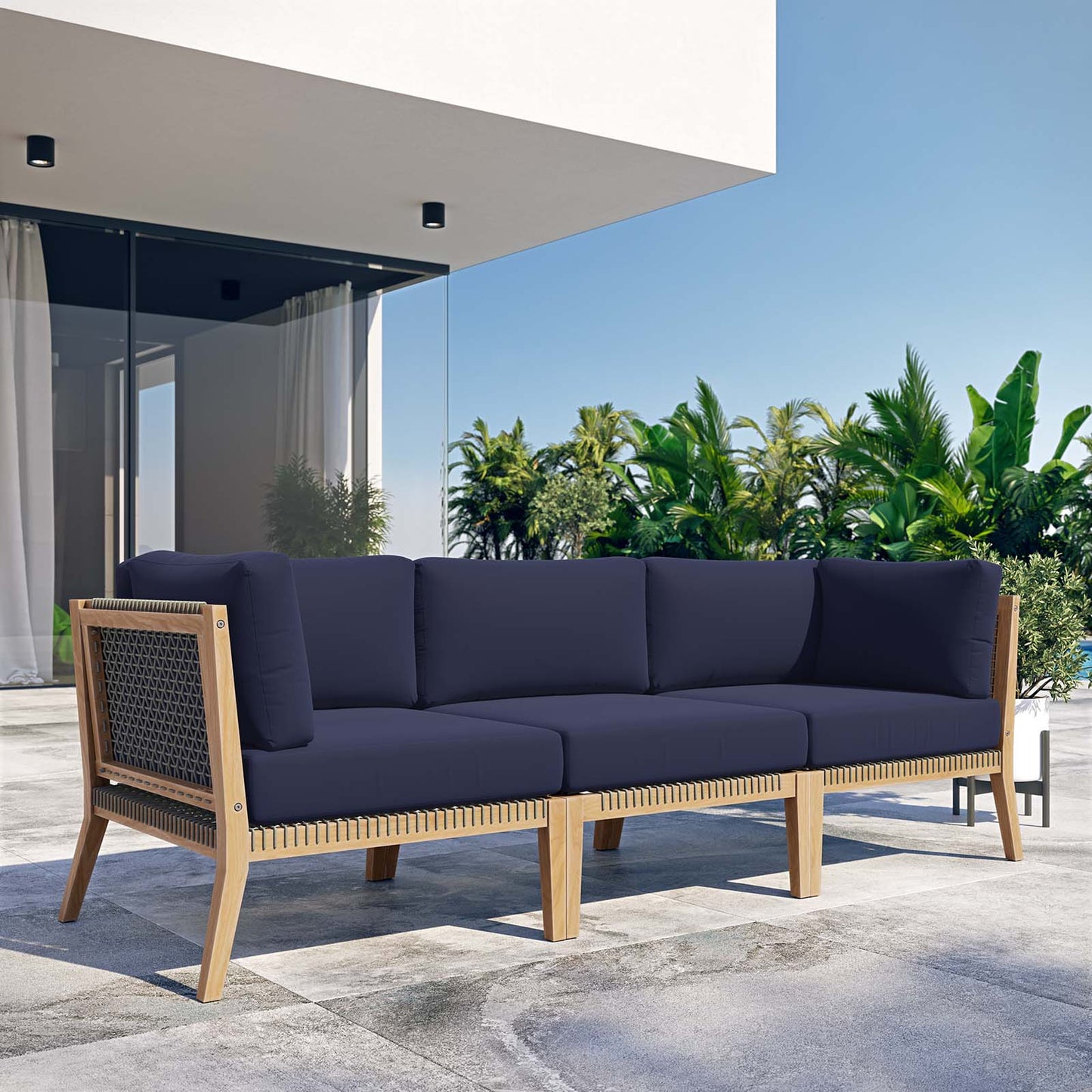 Clearwater Outdoor Patio Teak Wood Sofa Gray Navy EEI-6120-GRY-NAV