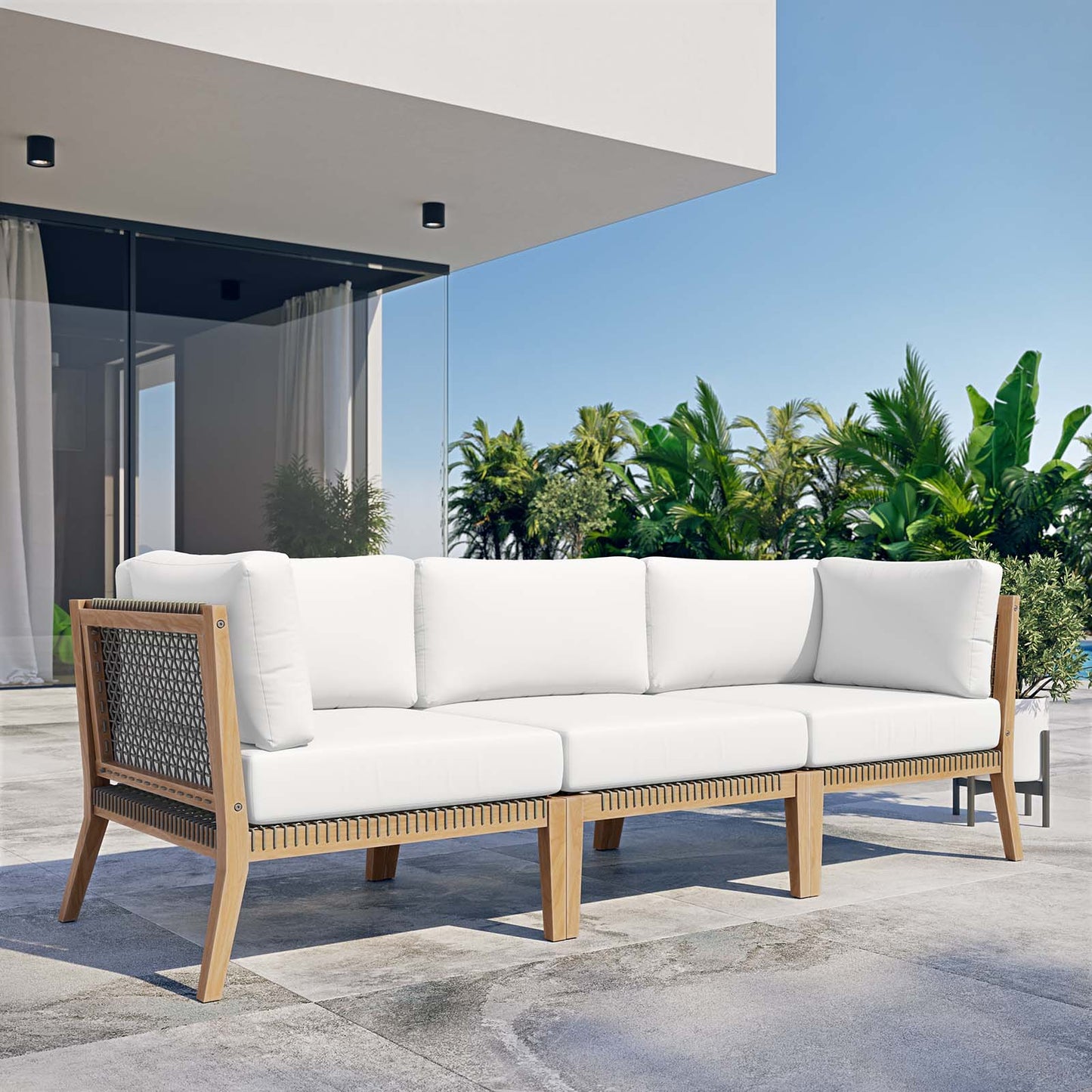 Clearwater Outdoor Patio Teak Wood Sofa Gray White EEI-6120-GRY-WHI