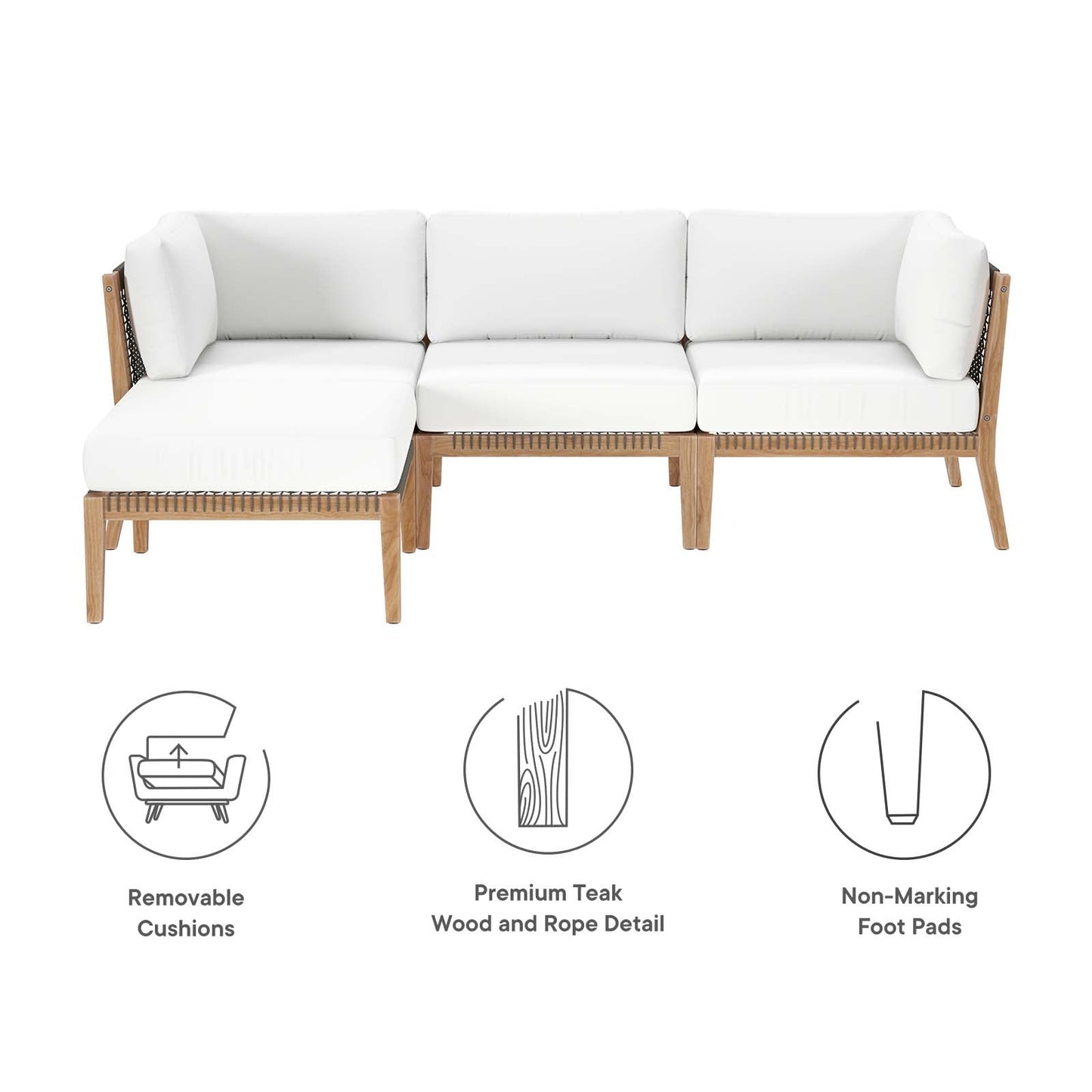 Clearwater Outdoor Patio Teak Wood 4-Piece Sectional Sofa Gray White EEI-6121-GRY-WHI