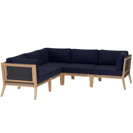 Clearwater Outdoor Patio Teak Wood 5-Piece Sectional Sofa Gray Navy EEI-6123-GRY-NAV