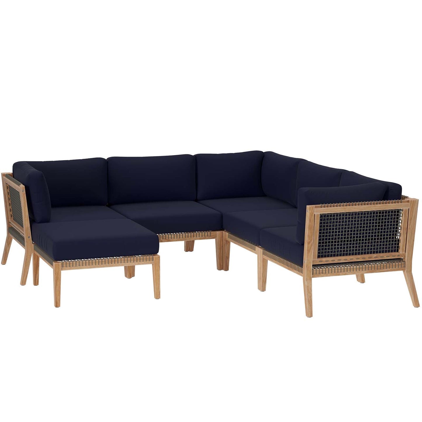 Clearwater Outdoor Patio Teak Wood 6-Piece Sectional Sofa Gray Navy EEI-6124-GRY-NAV