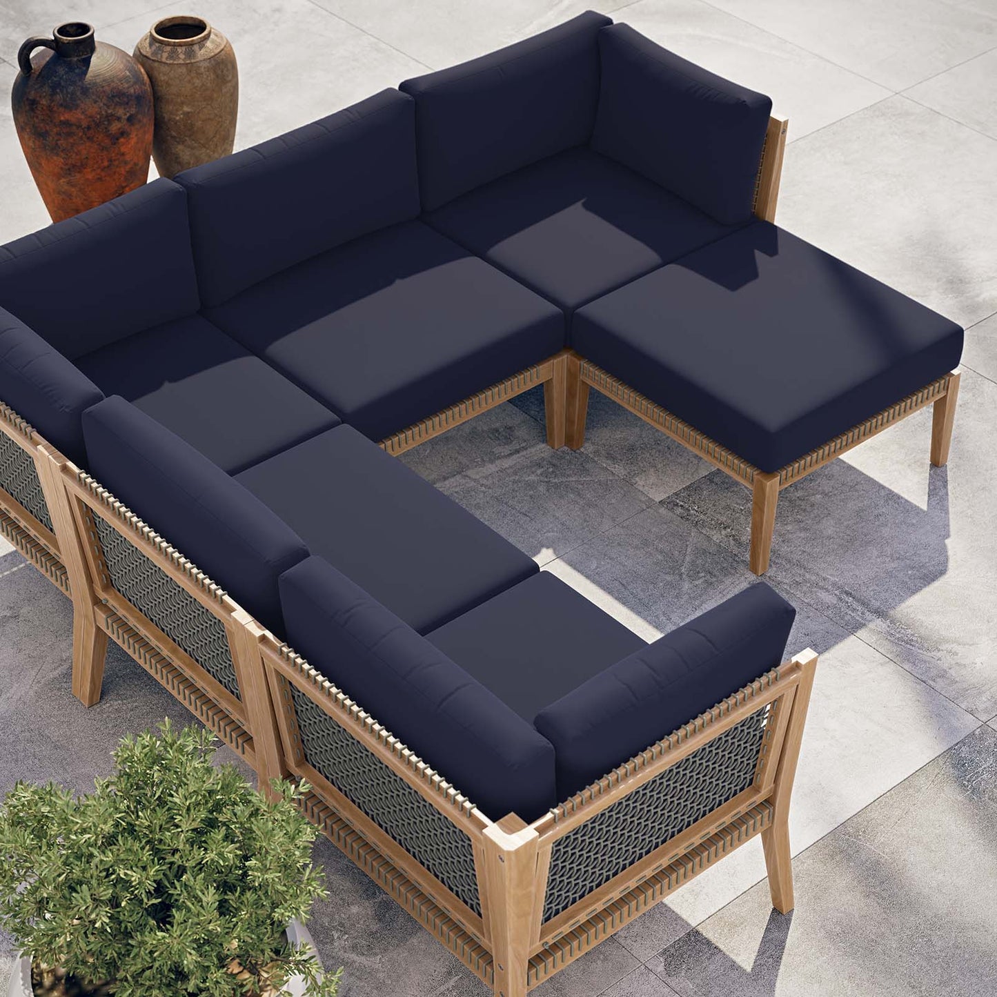 Clearwater Outdoor Patio Teak Wood 6-Piece Sectional Sofa Gray Navy EEI-6124-GRY-NAV