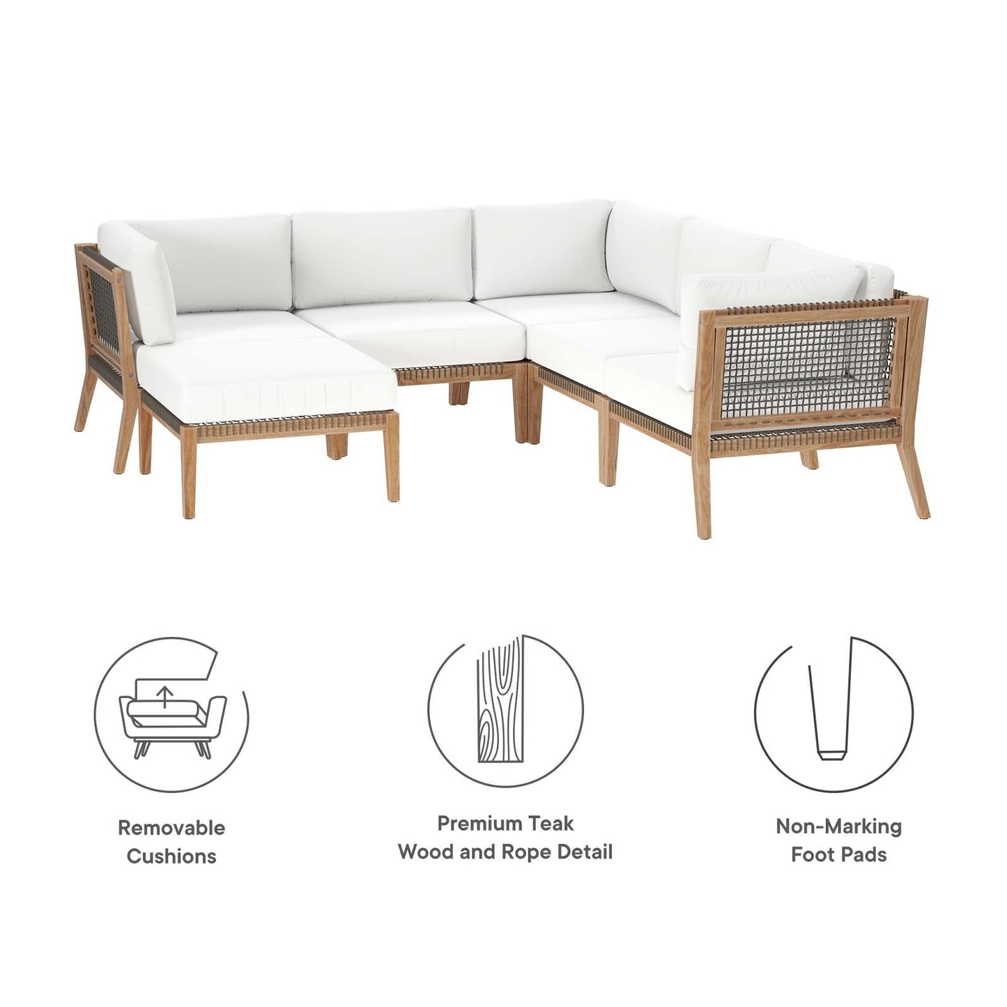 Clearwater Outdoor Patio Teak Wood 6-Piece Sectional Sofa Gray White EEI-6124-GRY-WHI