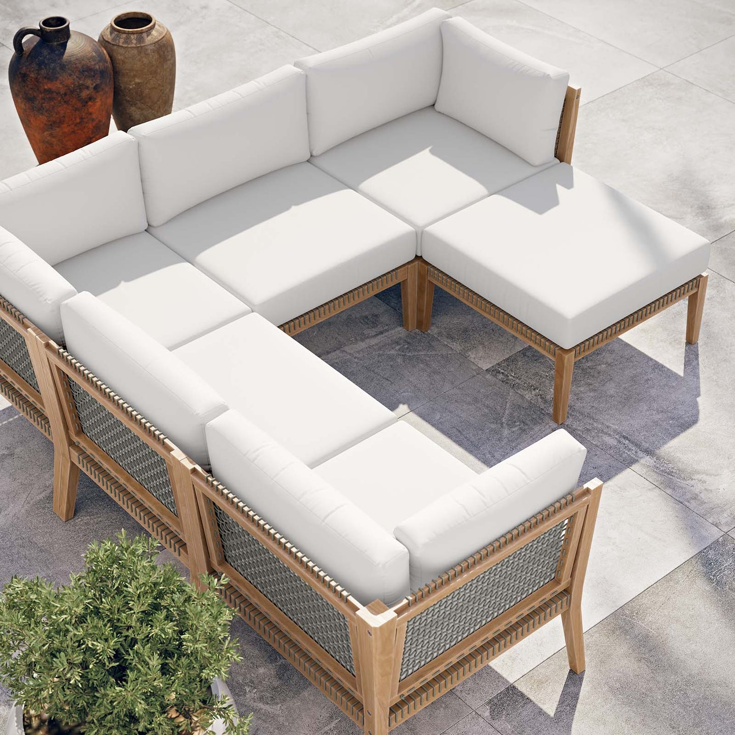 Clearwater Outdoor Patio Teak Wood 6-Piece Sectional Sofa Gray White EEI-6124-GRY-WHI