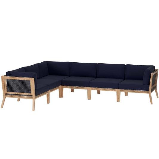 Clearwater Outdoor Patio Teak Wood 6-Piece Sectional Sofa Gray Navy EEI-6125-GRY-NAV