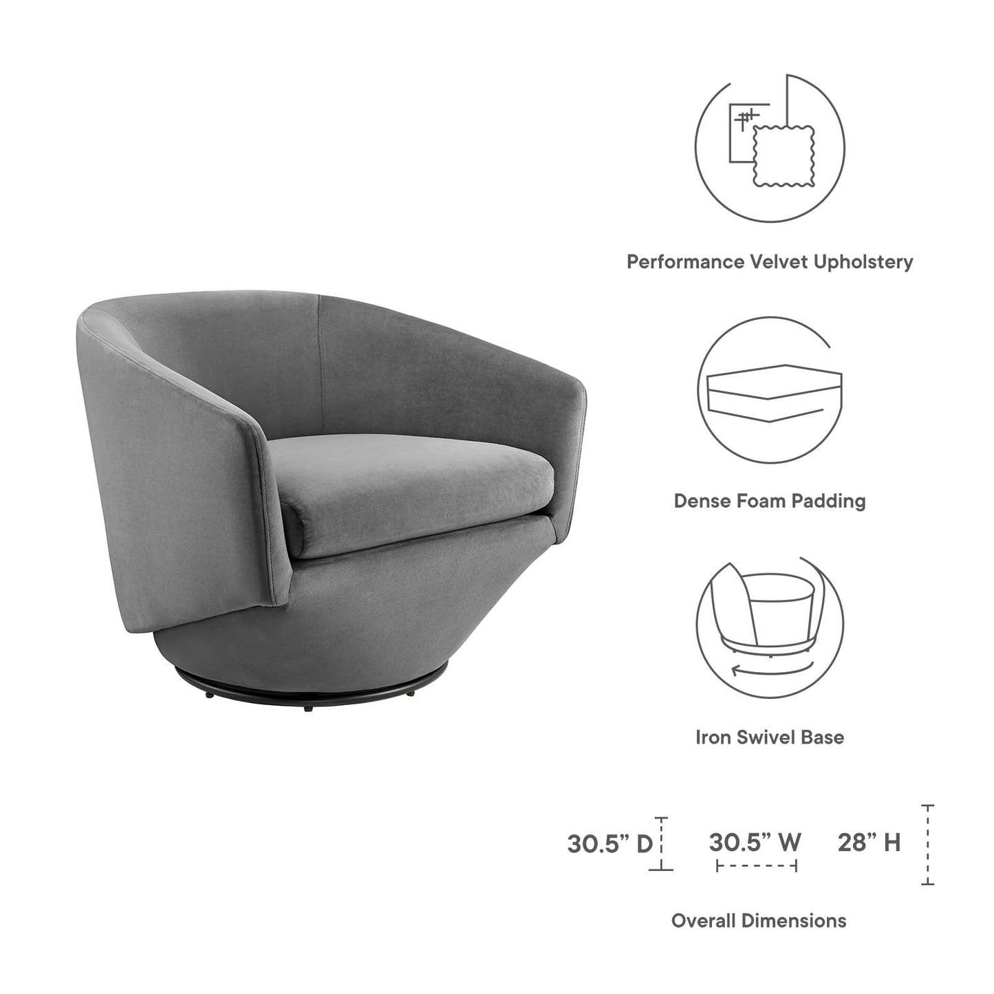 Series Performance Velvet Fabric Swivel Chair Gray EEI-6224-GRY