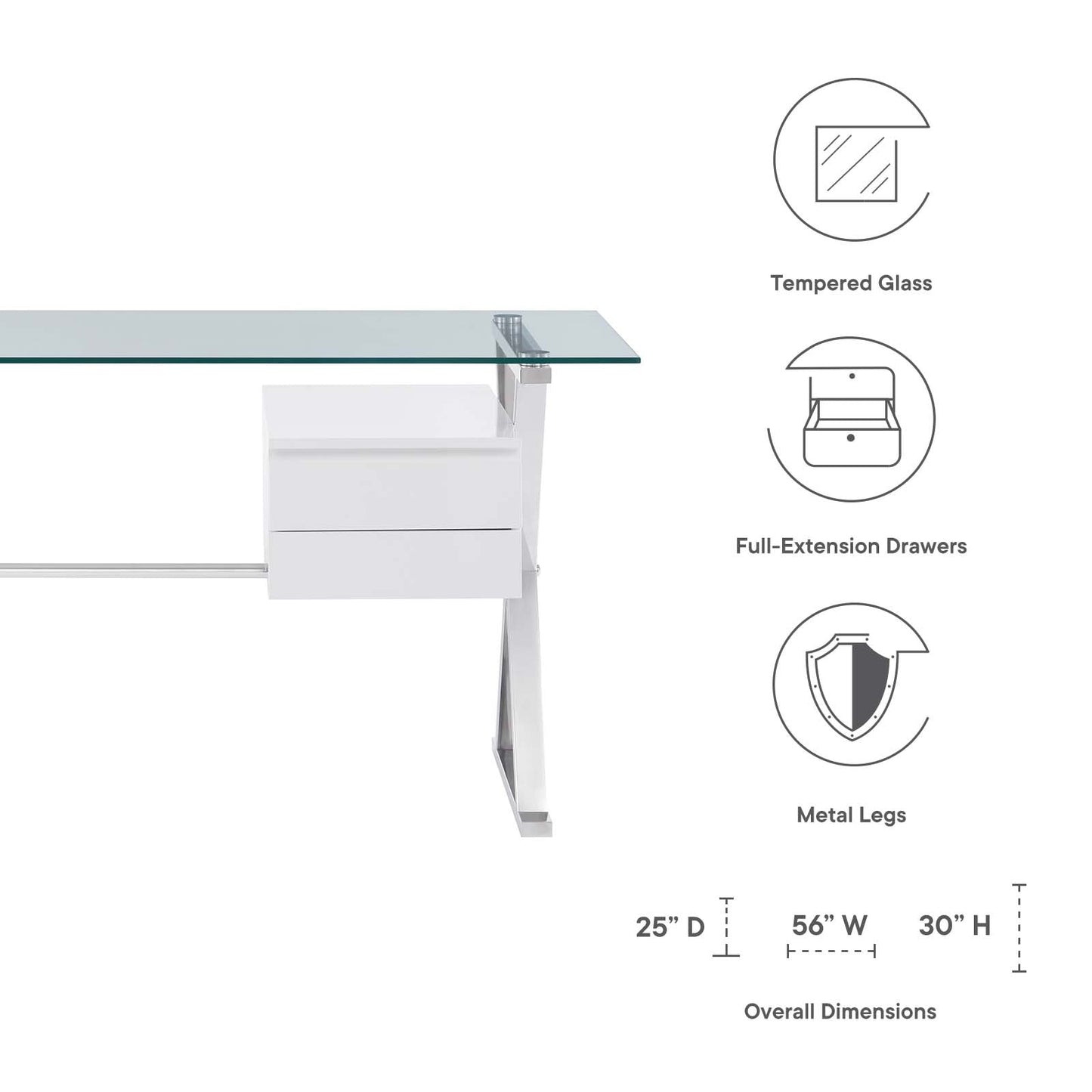 Sector 56" Glass Top Glass Office Desk White EEI-6225-WHI