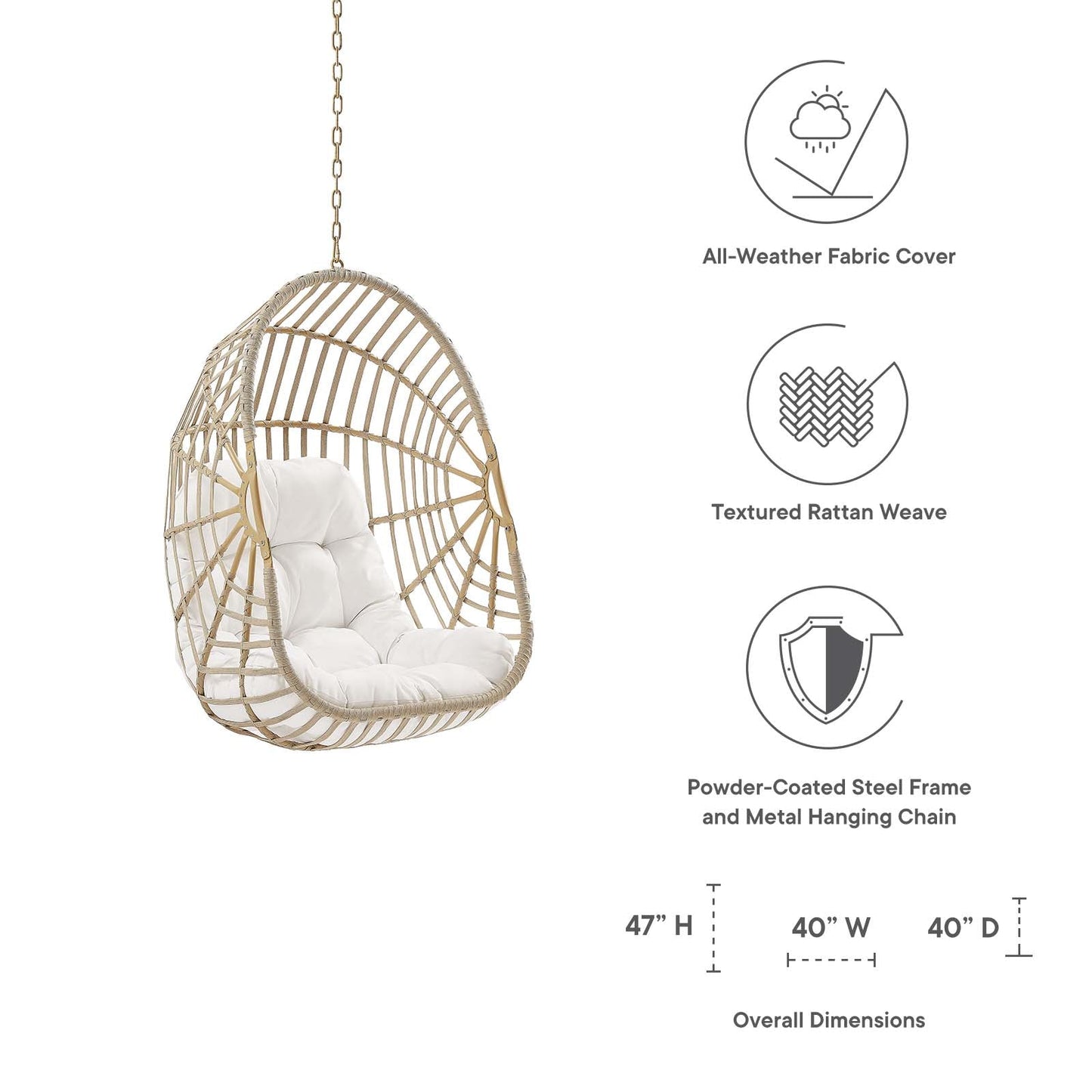 Amalie Wicker Rattan Outdoor Patio Rattan Swing Chair without Stand Natural White EEI-6261-NAT-WHI