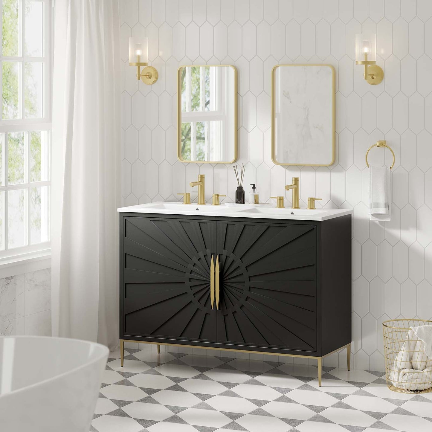 Awaken 48" Double Sink Bathroom Vanity White Black EEI-6305-WHI-BLK