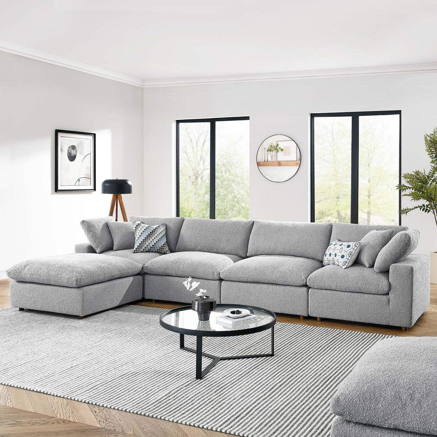 Commix Down Filled Overstuffed Boucle Fabric 5-Piece Sectional Sofa Light Gray EEI-6365-LGR