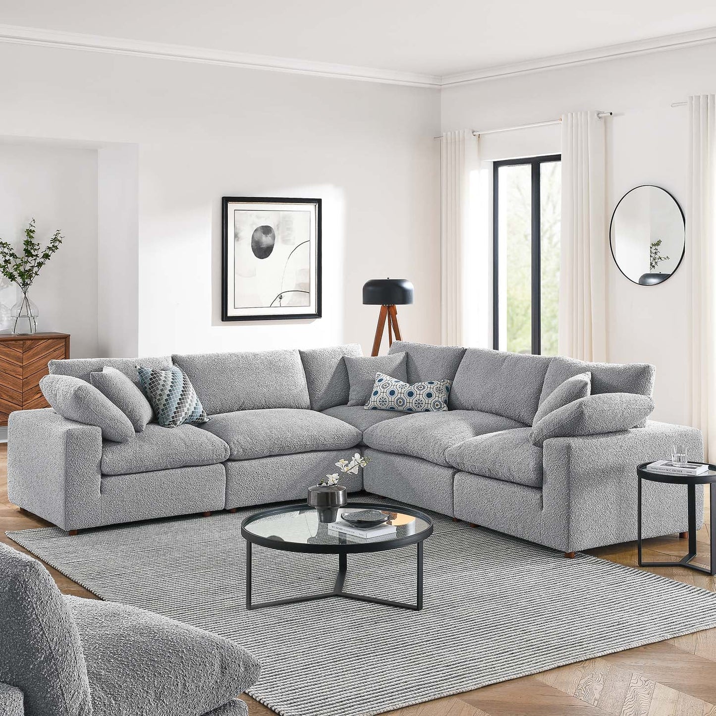 Commix Down Filled Overstuffed Boucle 5-Piece Sectional Sofa Light Gray EEI-6368-LGR