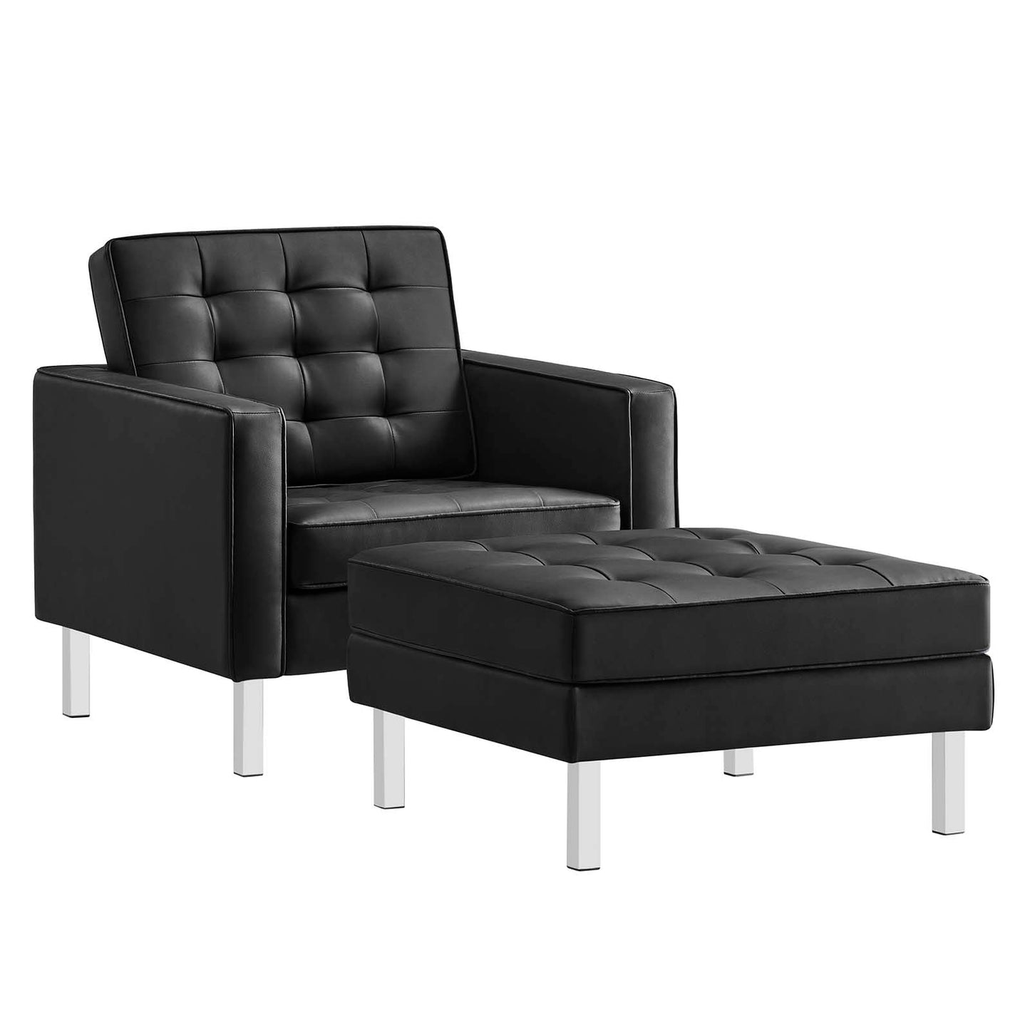 Loft Tufted Vegan Leather Armchair and Ottoman Set Silver Black EEI-6409-SLV-BLK-SET