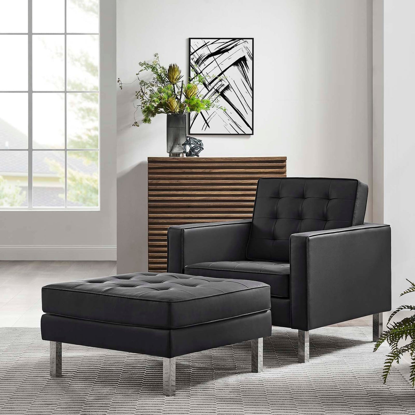 Loft Tufted Vegan Leather Armchair and Ottoman Set Silver Black EEI-6409-SLV-BLK-SET