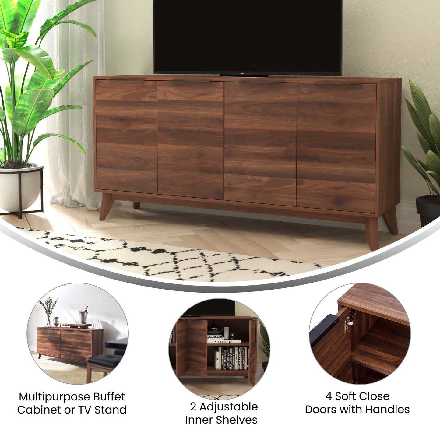 Dark Walnut 4 Door Buffet EM-0372-WAL-GG