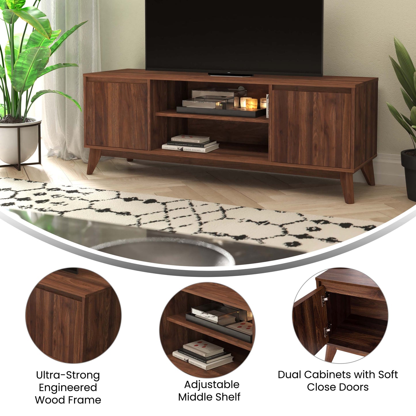 Walnut 60" TV Stand with Shelf EM-TV1500-WAL-GG