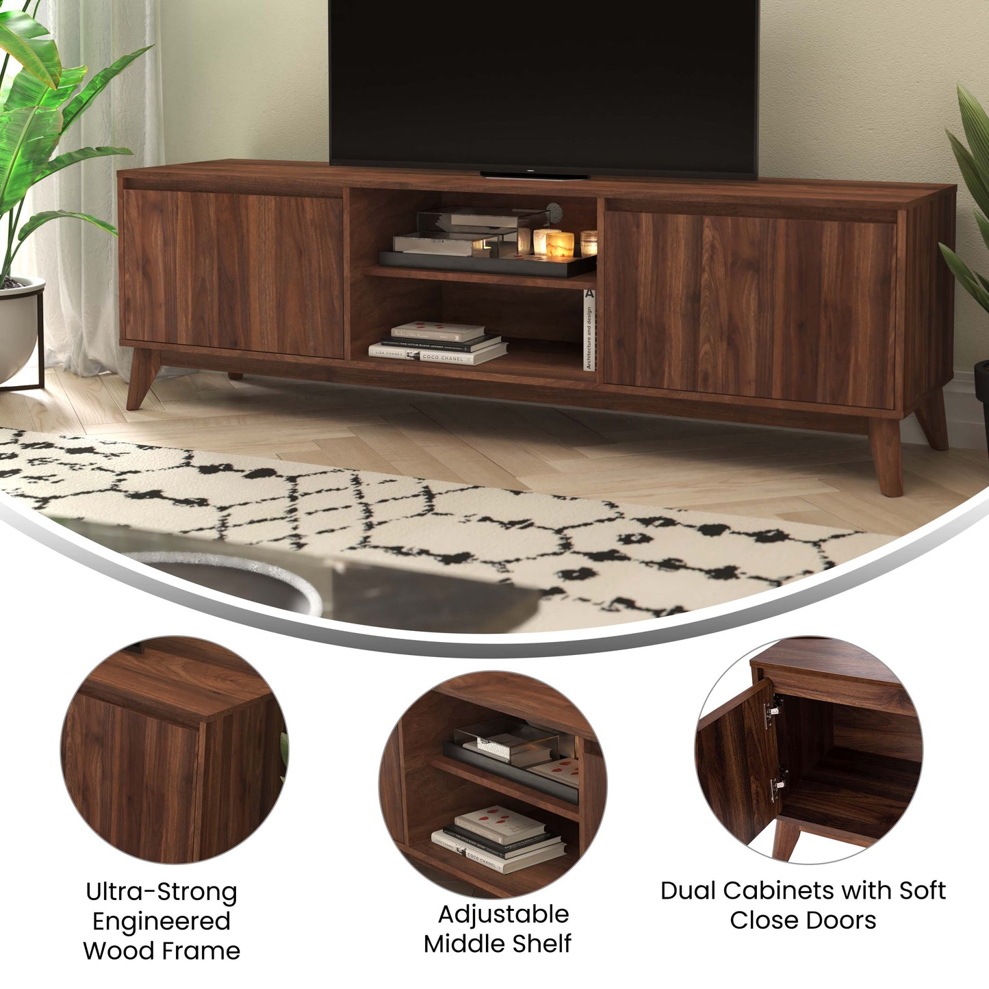 Walnut 70" TV Stand with Shelf EM-TV1801-WAL-GG