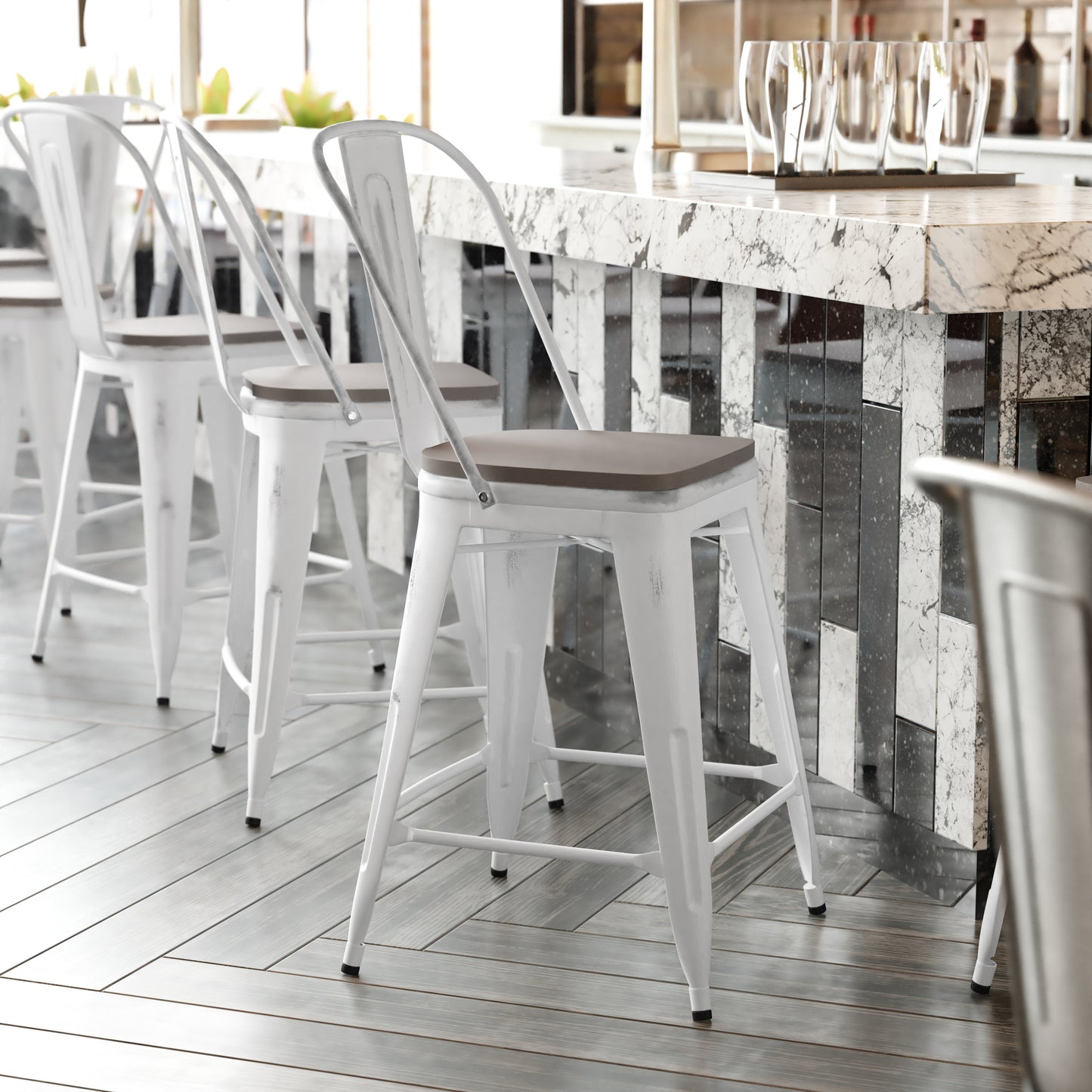 White Metal Stool-Gray Seat ET-3534-24-WH-PL1G-GG