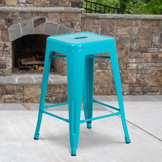 24" Teal No Back Metal Stool ET-BT3503-24-CB-GG