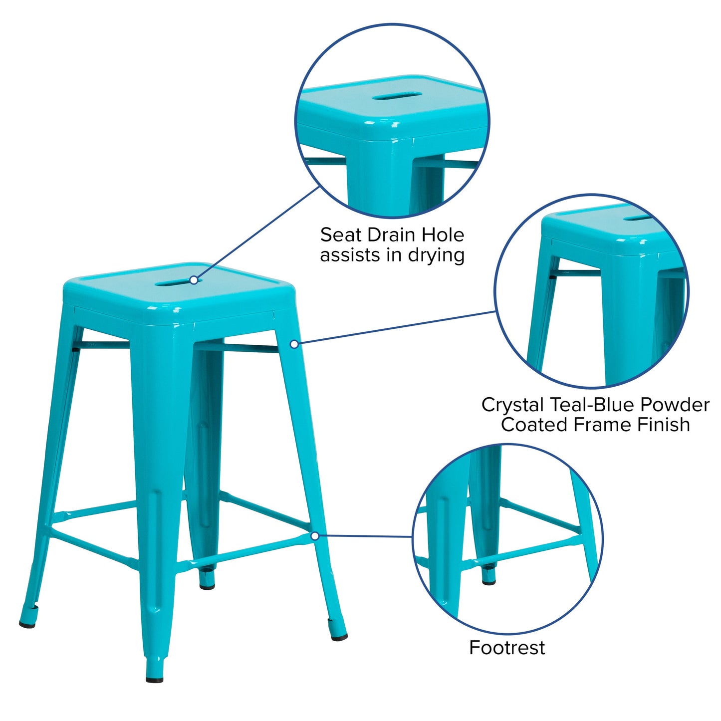 24" Teal No Back Metal Stool ET-BT3503-24-CB-GG