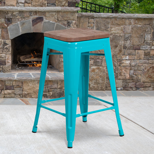 24" Teal No Back Metal Stool ET-BT3503-24-CB-WD-GG